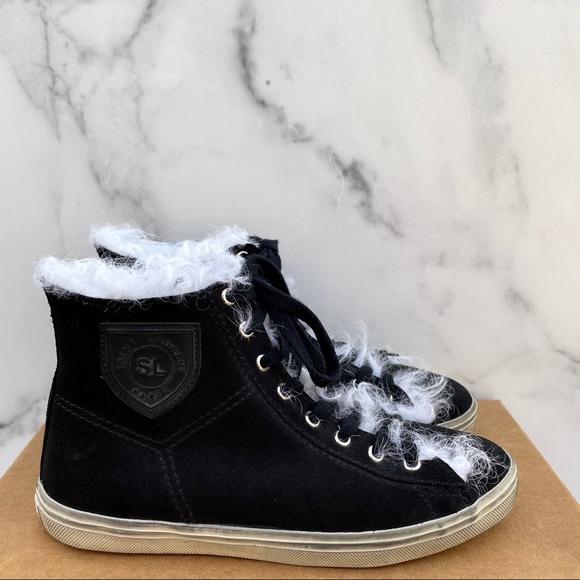 Saint Laurent Rivington logo black suede and fur high-top sneaker IT 37.5 US 7.5 - Picture 7 of 16
